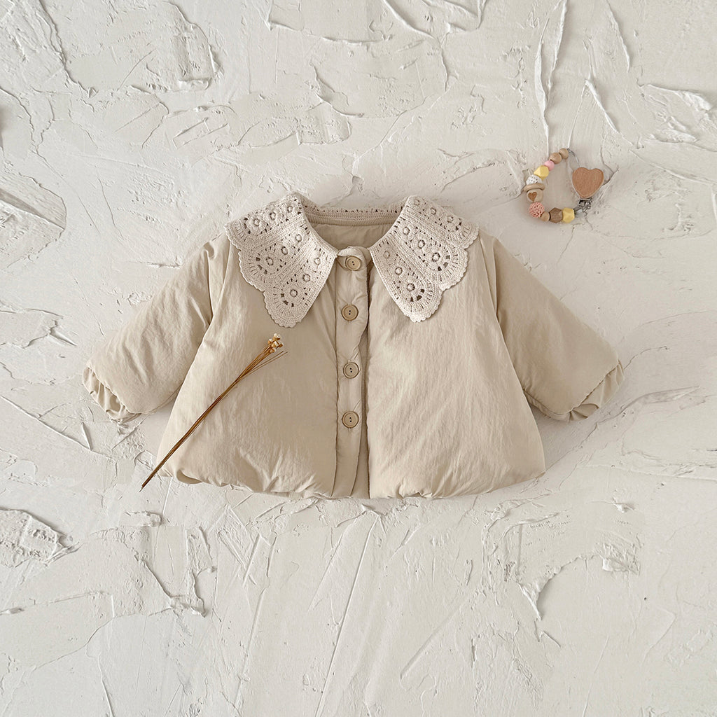 Solid Beige Kids Winter Quilted Coat Pretty Lace Collar Baby Girl Warm Coat
