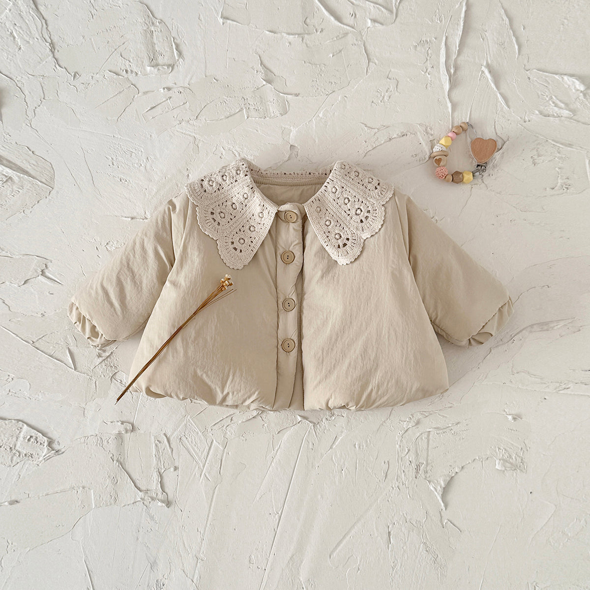 Solid Beige Kids Winter Quilted Coat Pretty Lace Collar Baby Girl Warm Coat