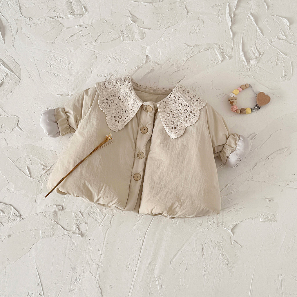 Solid Beige Kids Winter Quilted Coat Pretty Lace Collar Baby Girl Warm Coat