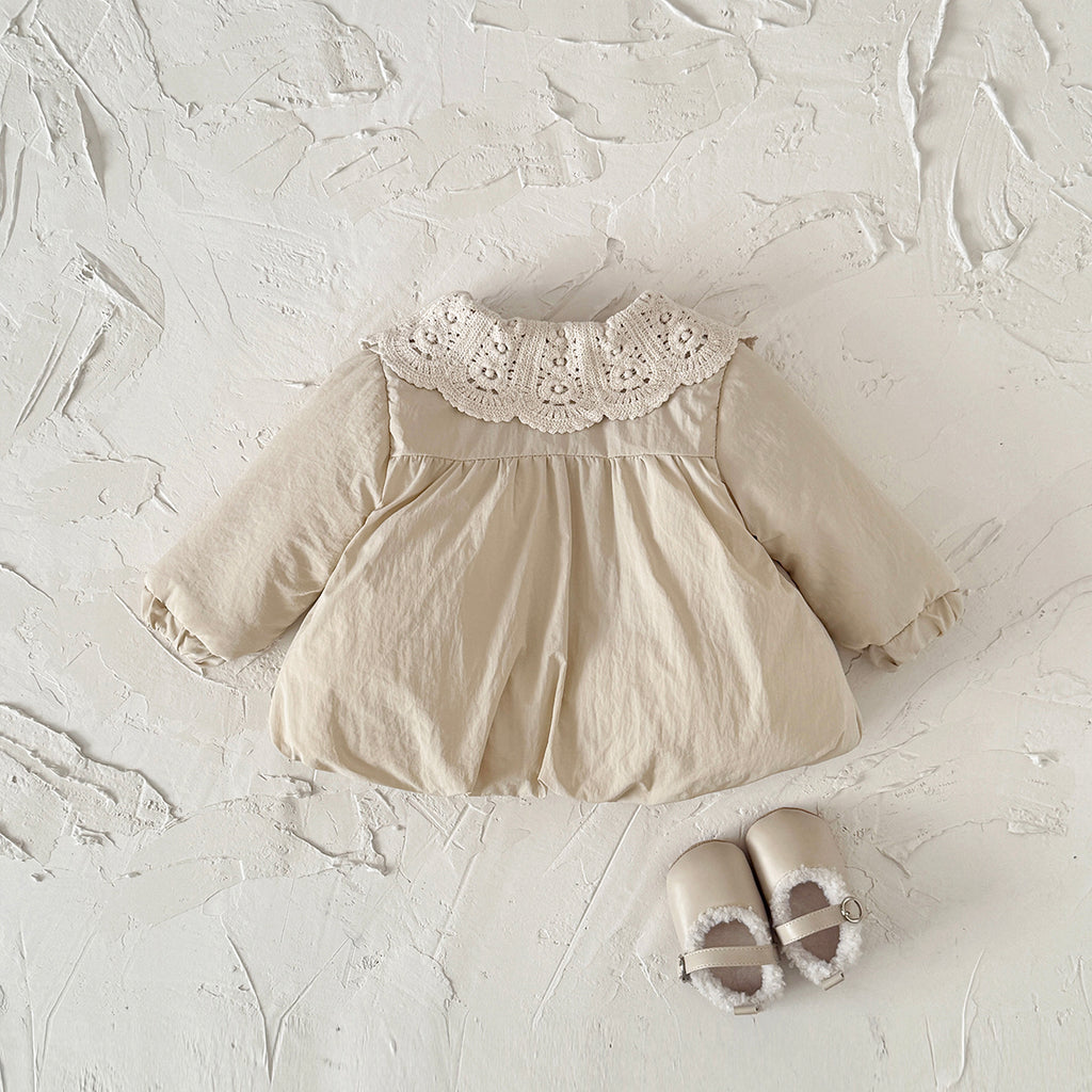 Solid Beige Kids Winter Quilted Coat Pretty Lace Collar Baby Girl Warm Coat