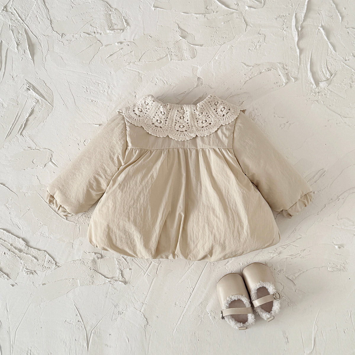Solid Beige Kids Winter Quilted Coat Pretty Lace Collar Baby Girl Warm Coat