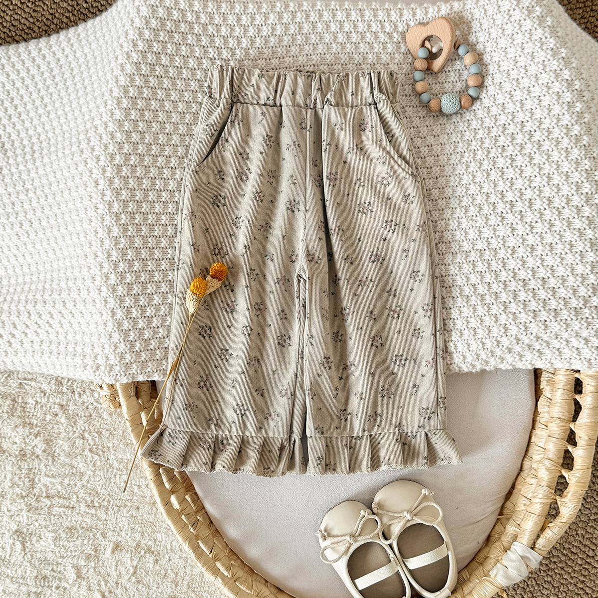 Simple Forest Girls Floral Pants Rib Texture Ruffle Hem Toddler Casual Pants