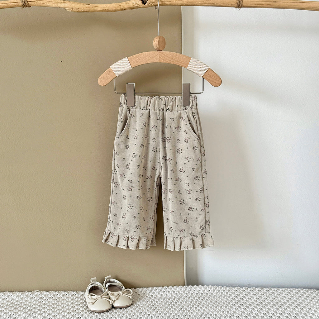 Simple Forest Girls Floral Pants Rib Texture Ruffle Hem Toddler Casual Pants