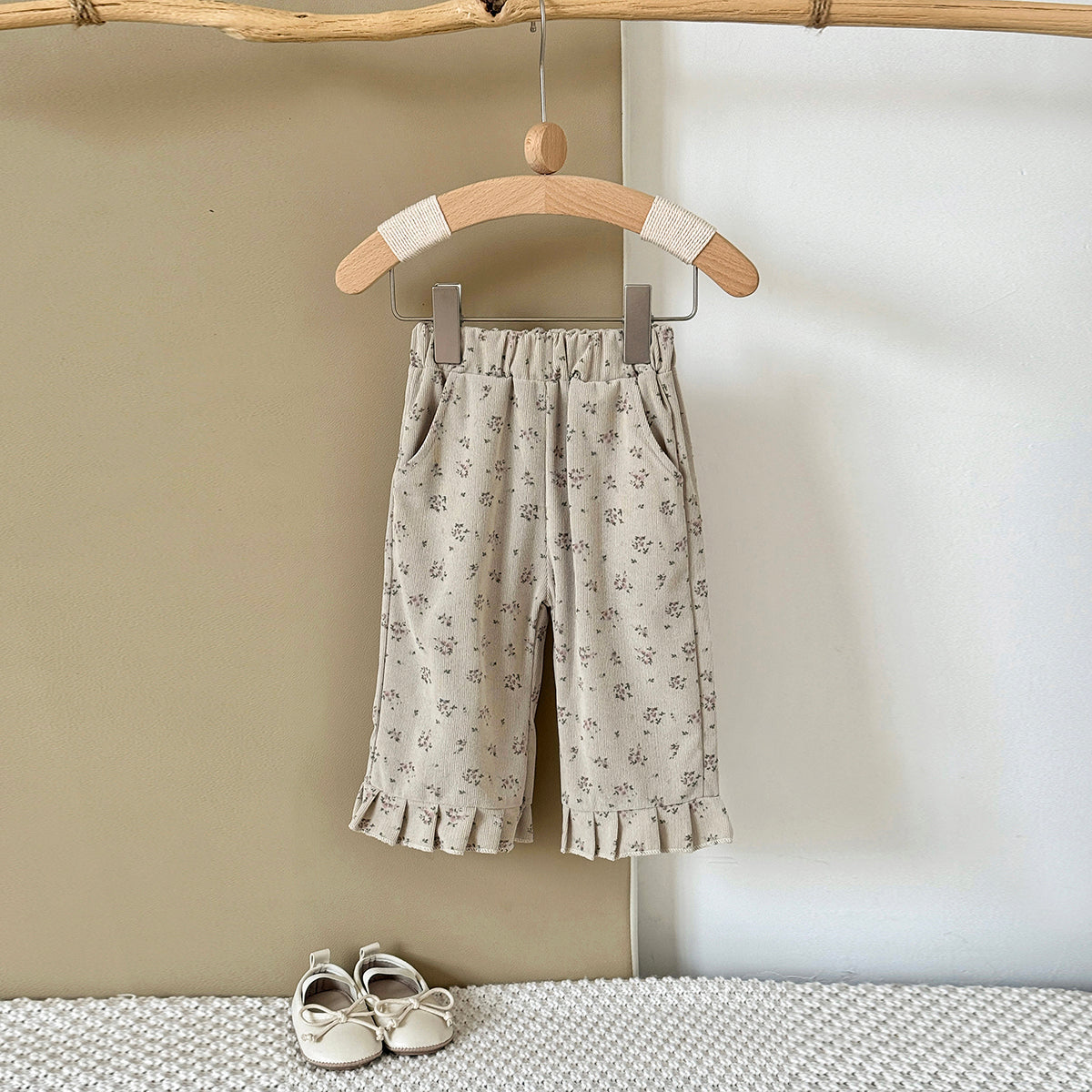 Simple Forest Girls Floral Pants Rib Texture Ruffle Hem Toddler Casual Pants