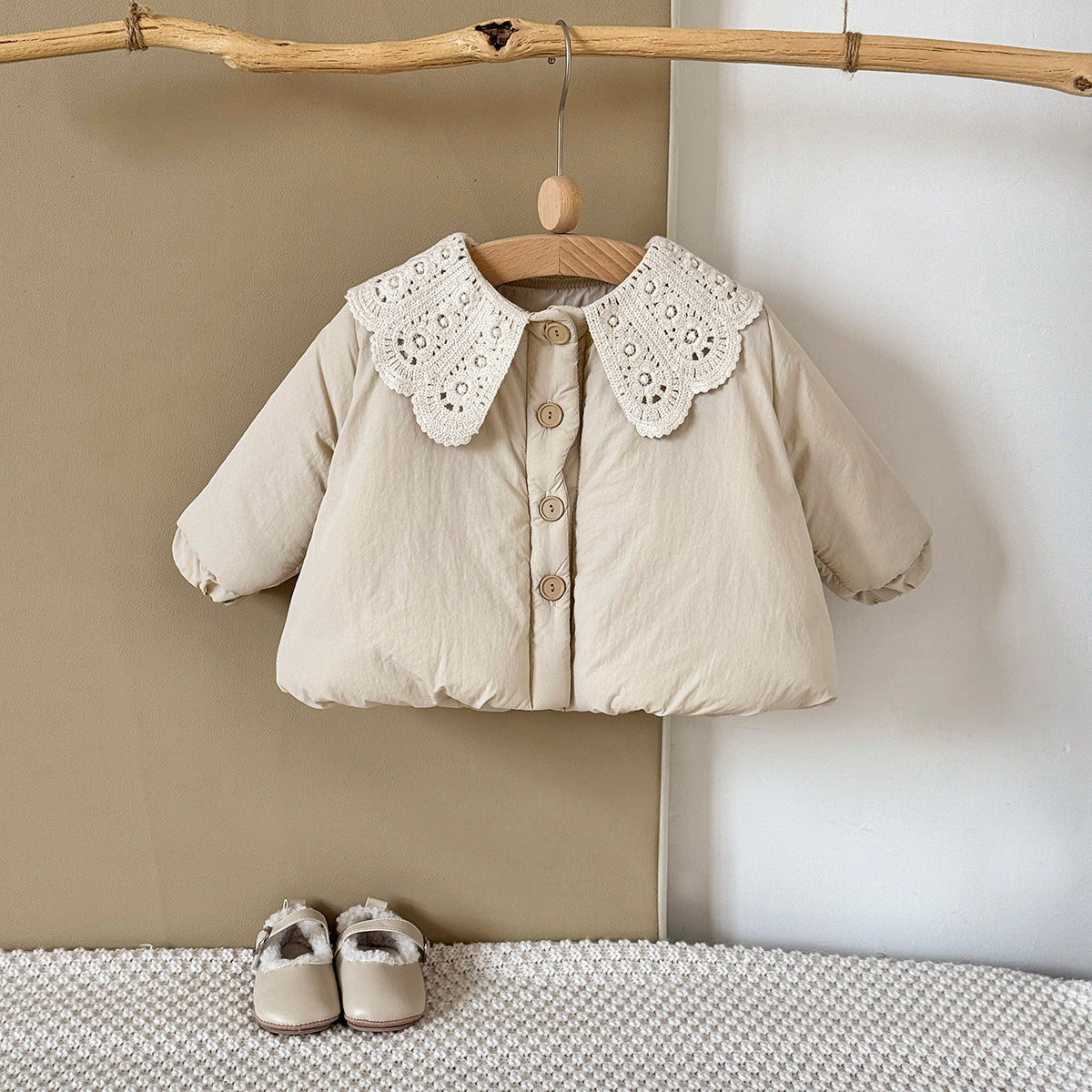Solid Beige Kids Winter Quilted Coat Pretty Lace Collar Baby Girl Warm Coat