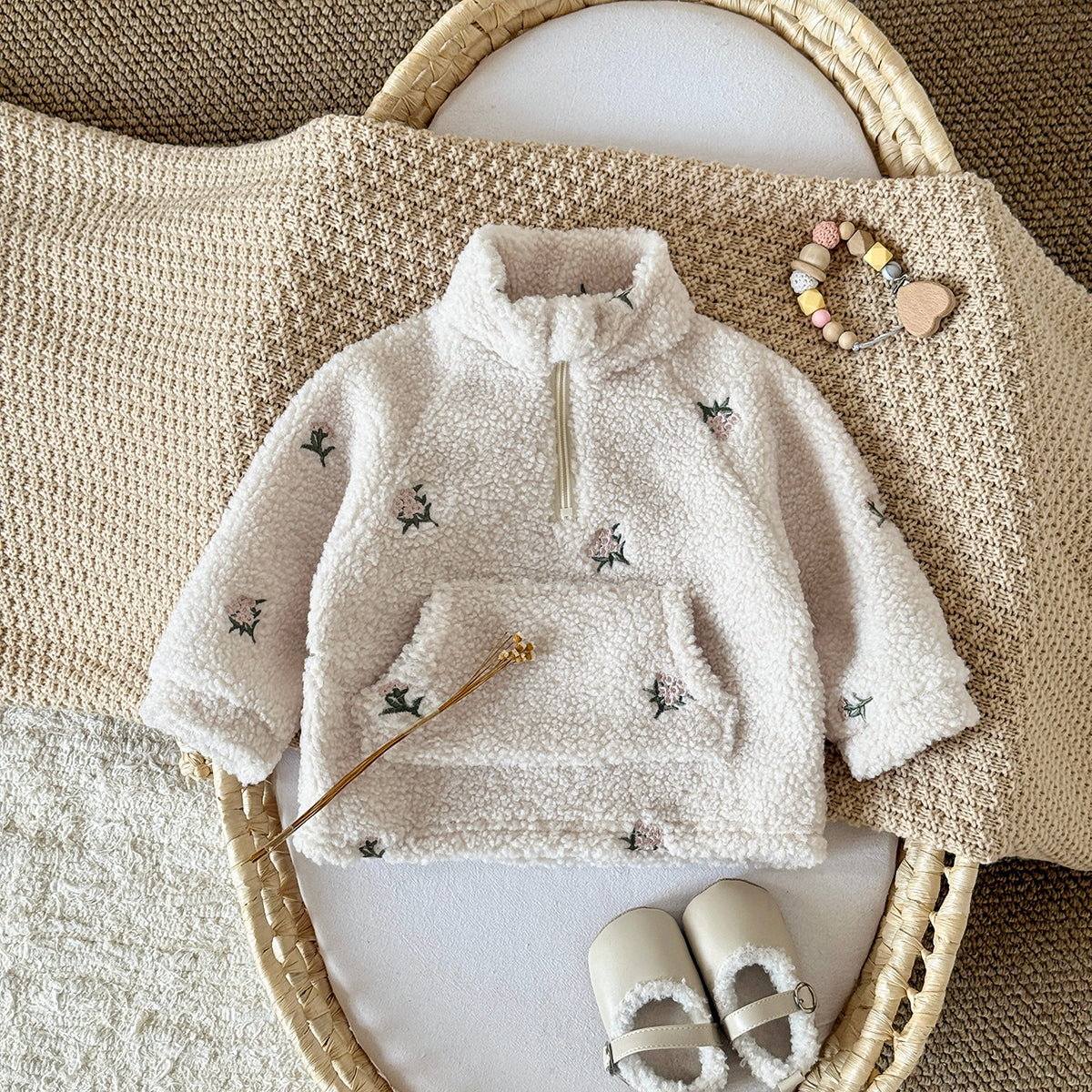 Toddler Half-Zip Sherpa Fleece Jacket, Floral Embroidery Warm Kids Outerwear