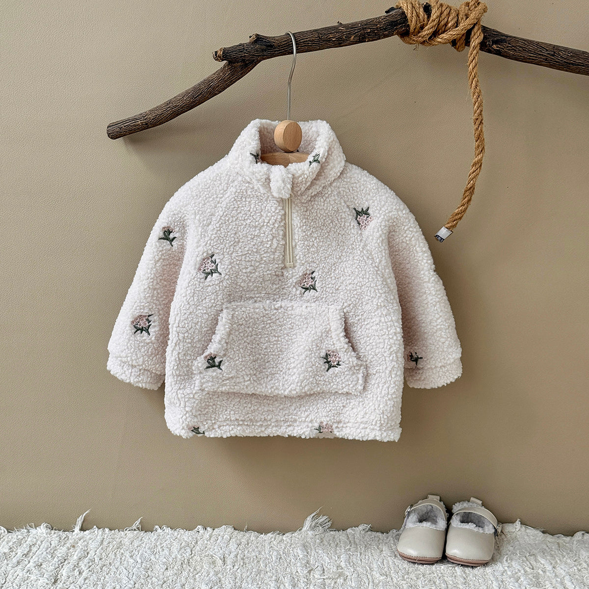 Toddler Half-Zip Sherpa Fleece Jacket, Floral Embroidery Warm Kids Outerwear