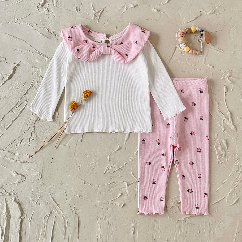Sweet Infant Strawberry Set Pink Print Girls Bow Collar 2Pcs Outfit