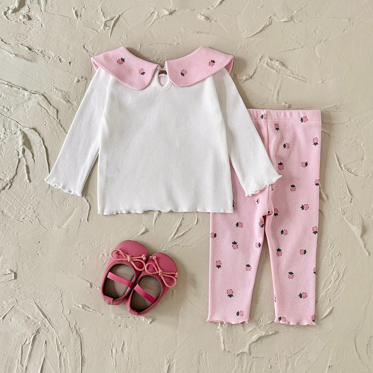 Sweet Infant Strawberry Set Pink Print Girls Bow Collar 2Pcs Outfit