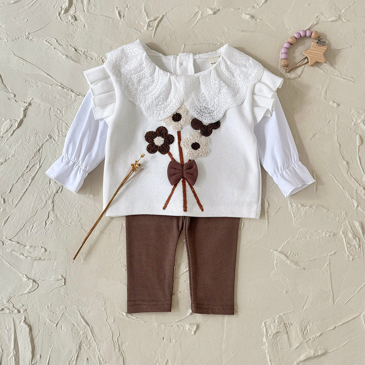 Sweet 3D Tufted Flower Baby Girl Set Spliced Ruffle Sleeve Kids Outfit