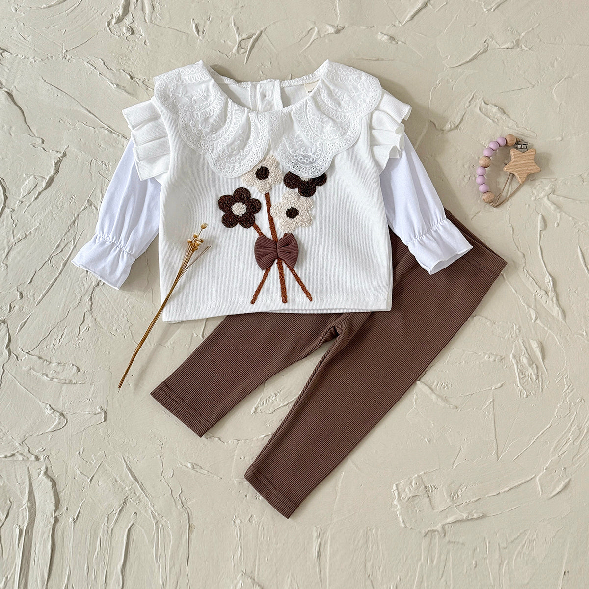Sweet 3D Tufted Flower Baby Girl Set Spliced Ruffle Sleeve Kids Outfit