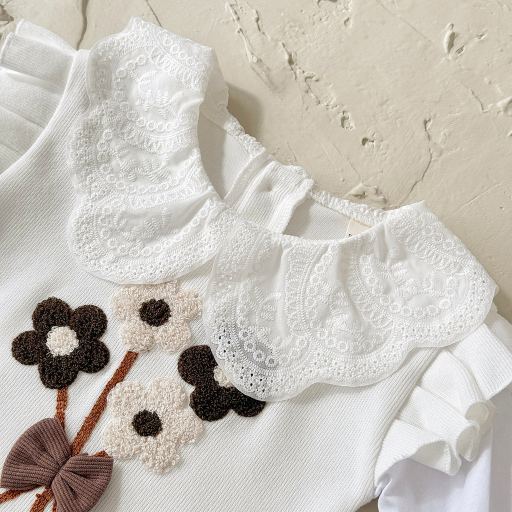 Sweet 3D Tufted Flower Baby Girl Set Spliced Ruffle Sleeve Kids Outfit