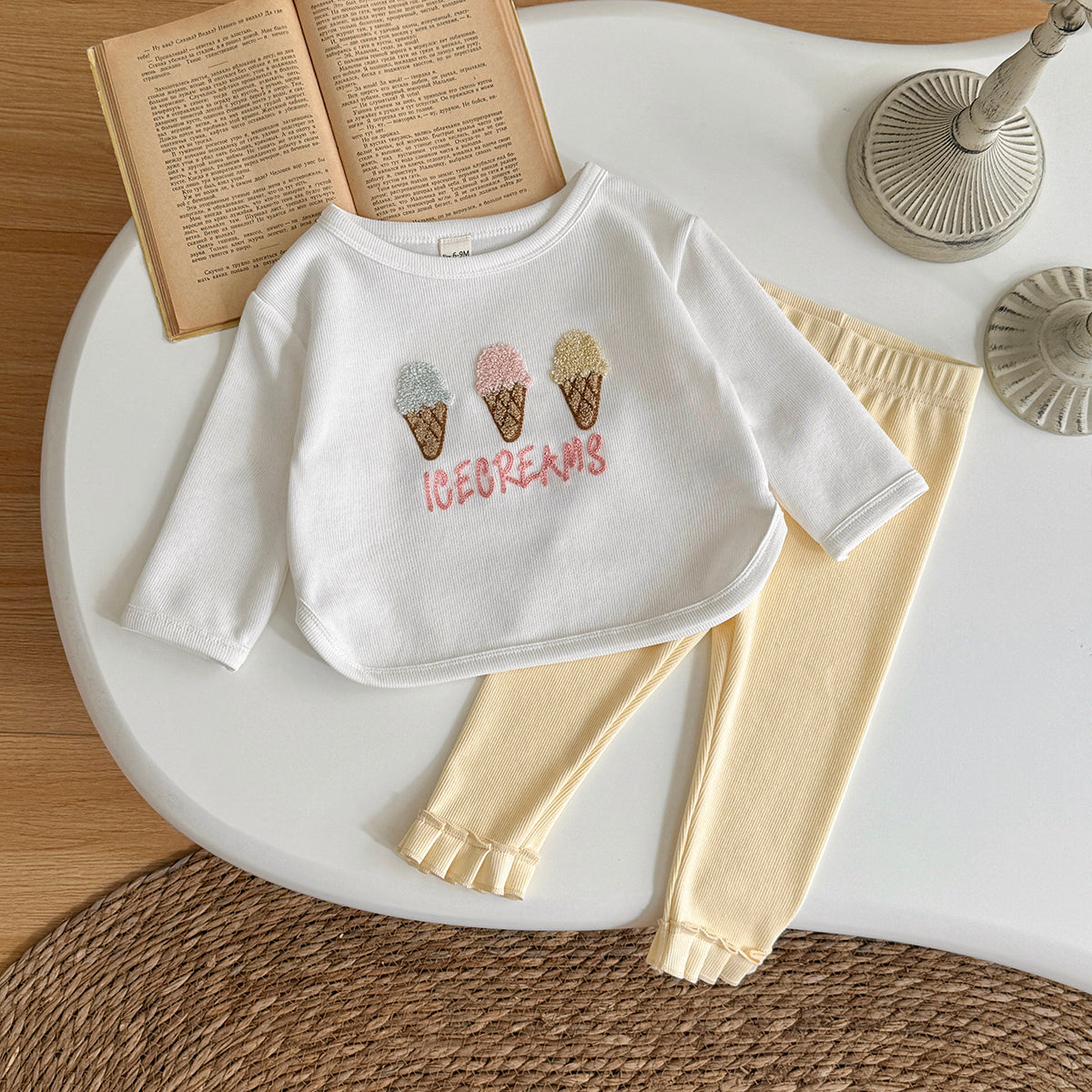Baby girl white ice cream towel embroidery set 0-3 years old
