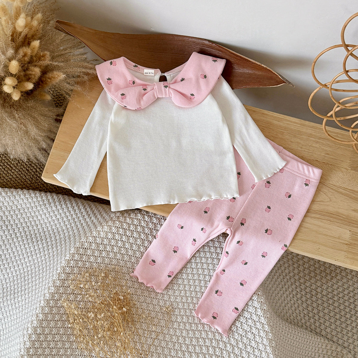 Sweet Infant Strawberry Set Pink Print Girls Bow Collar 2Pcs Outfit
