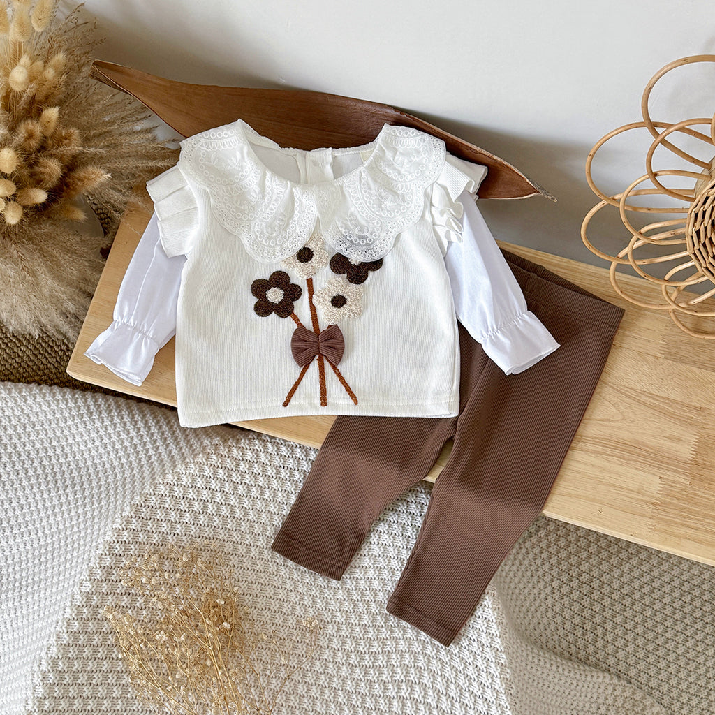 Sweet 3D Tufted Flower Baby Girl Set Spliced Ruffle Sleeve Kids Outfit