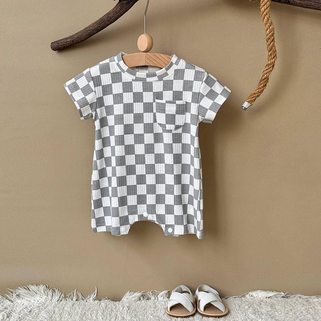 Baby Checkerboard Ribbed Short Sleeve Pocket Romper