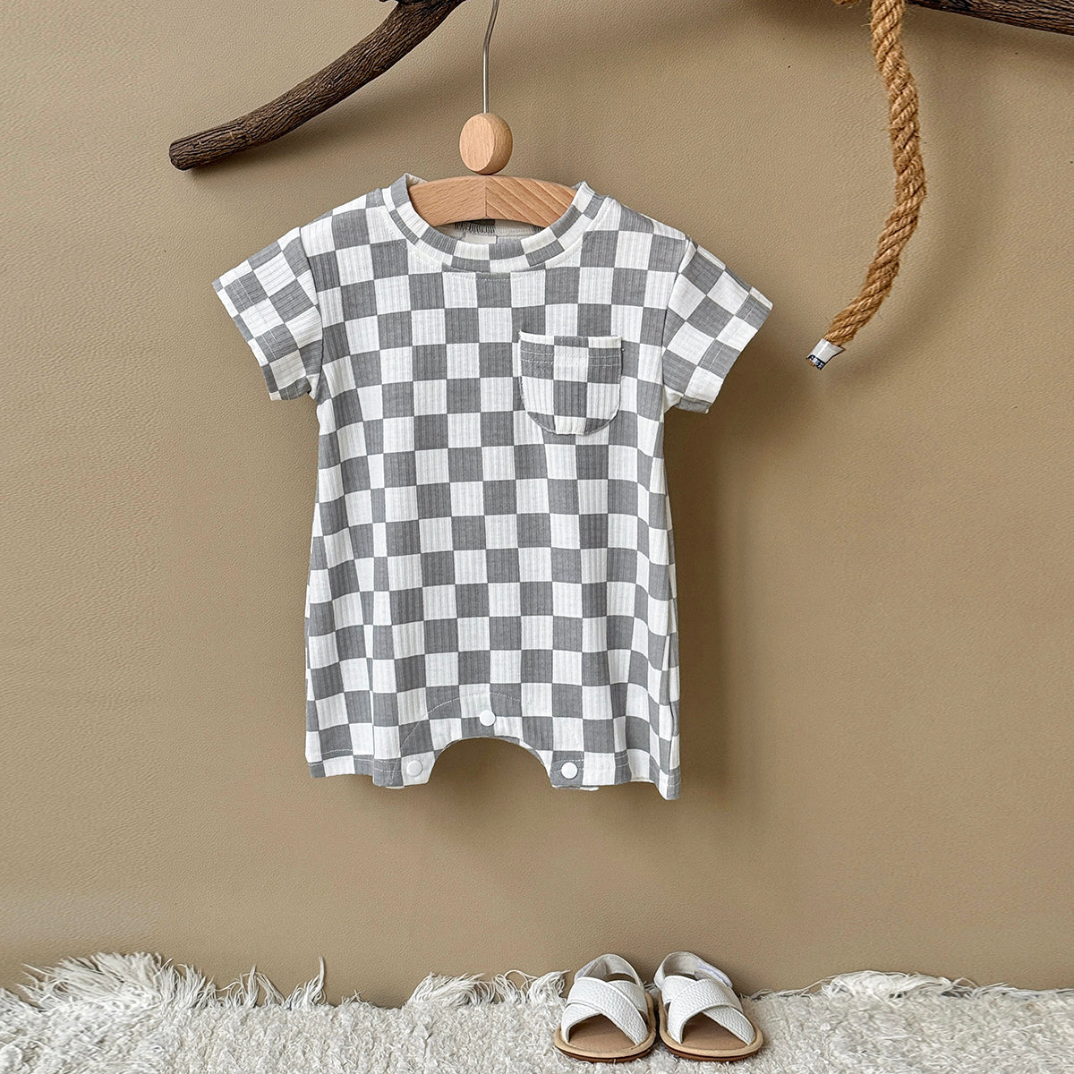 Baby Checkerboard Ribbed Short Sleeve Pocket Romper