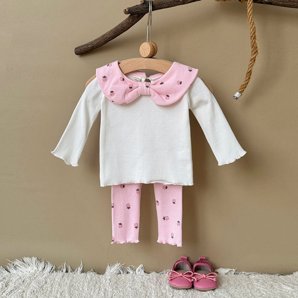 Sweet Infant Strawberry Set Pink Print Girls Bow Collar 2Pcs Outfit