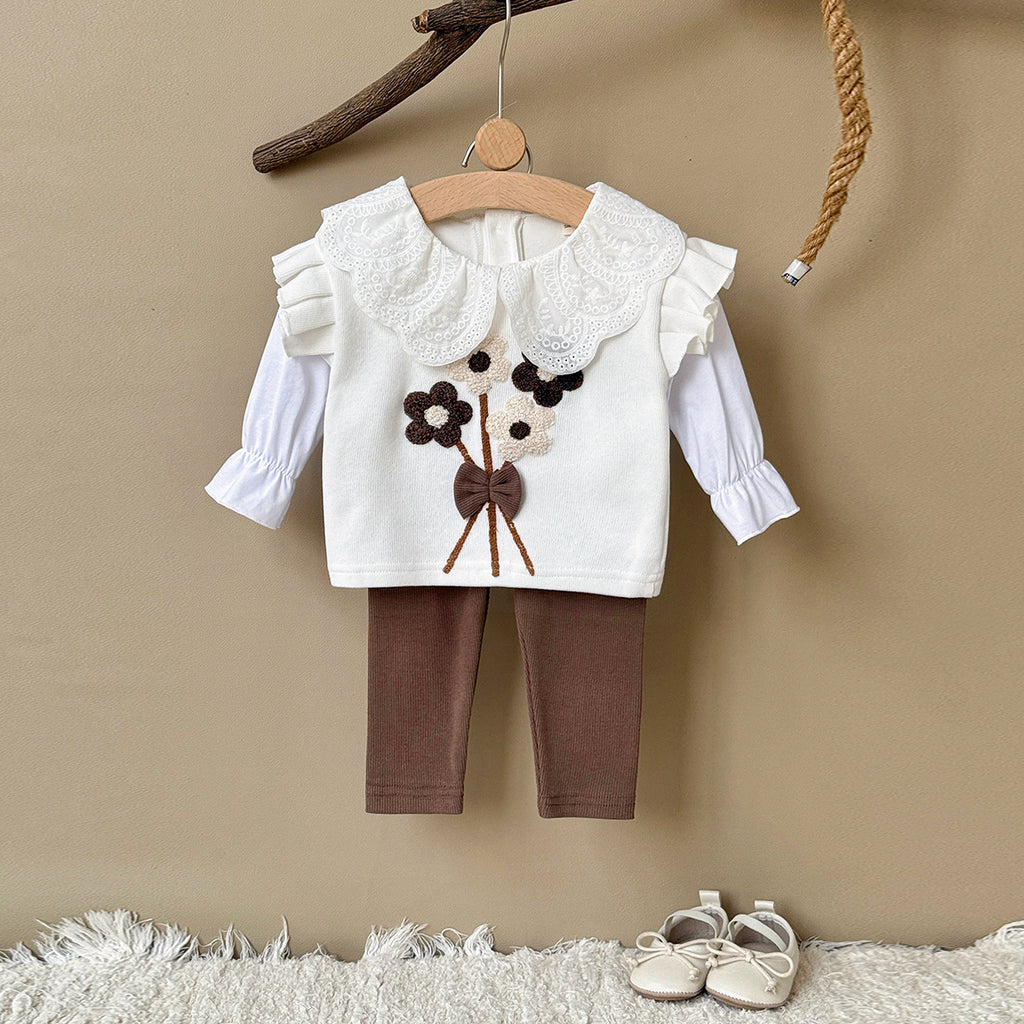 Sweet 3D Tufted Flower Baby Girl Set Spliced Ruffle Sleeve Kids Outfit