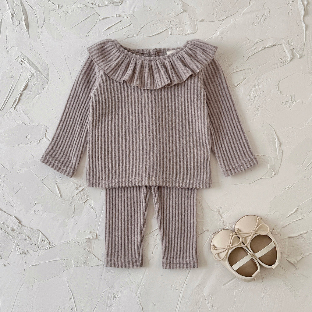 Infant Gentle Grey Ruffle Neck Ribbed Matching Outfit