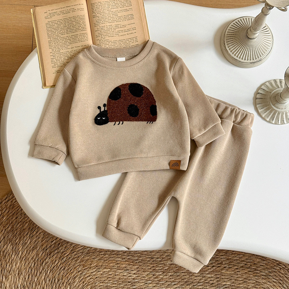 Baby Brown Insect Towel Embroidered Pants Set