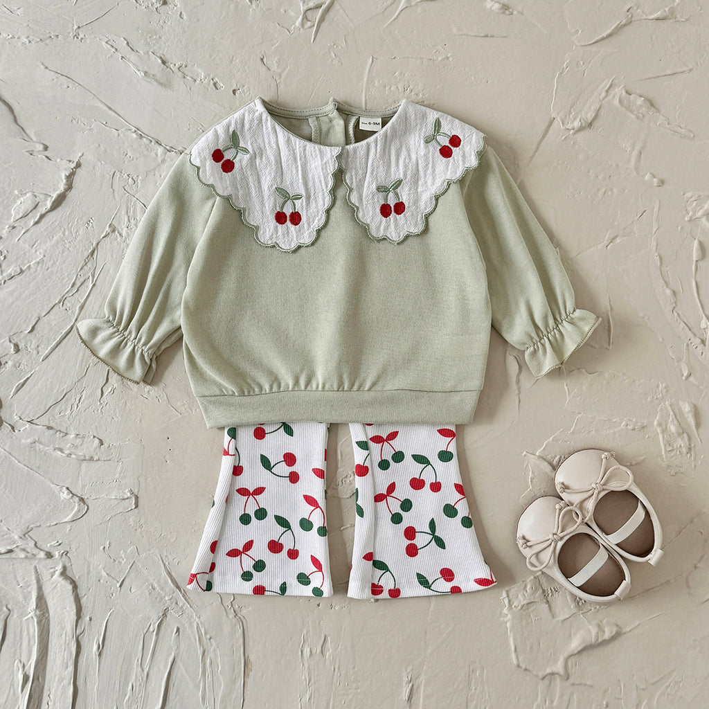 Fresh Cherry Baby 2Pcs Set Girls Big Collar Embroidery Clothing Set