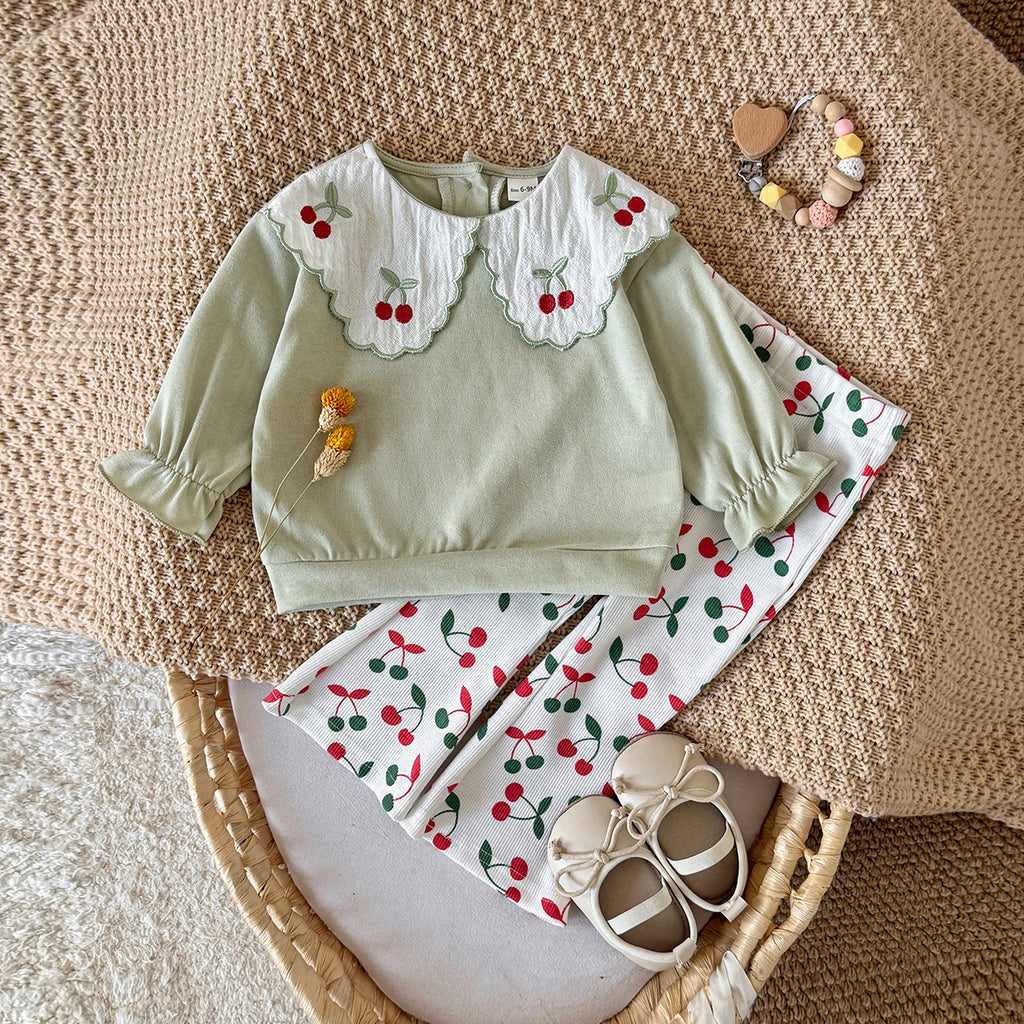 Fresh Cherry Baby 2Pcs Set Girls Big Collar Embroidery Clothing Set