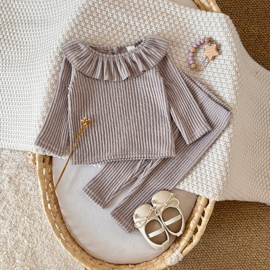 Infant Gentle Grey Ruffle Neck Ribbed Matching Outfit