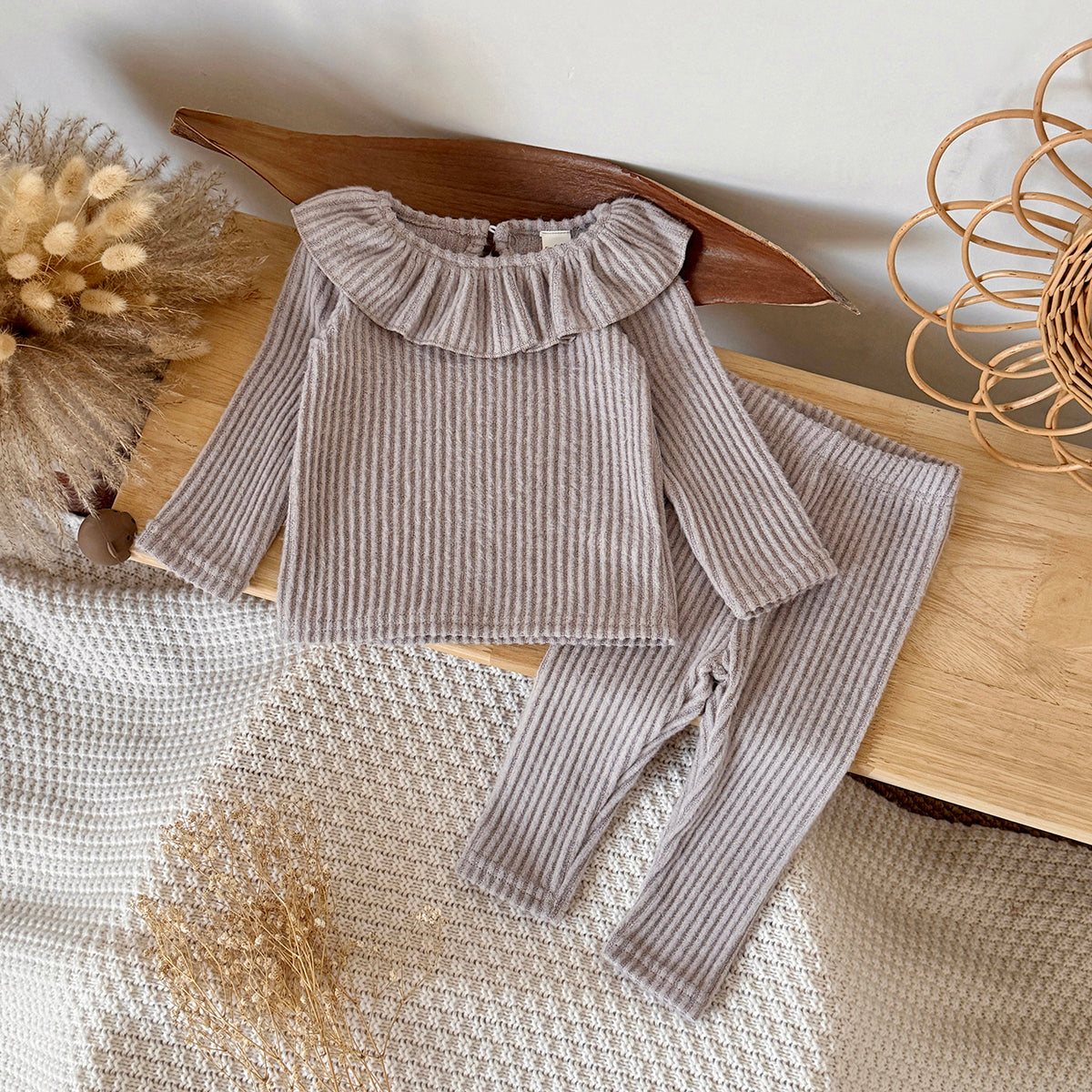 Infant Gentle Grey Ruffle Neck Ribbed Matching Outfit