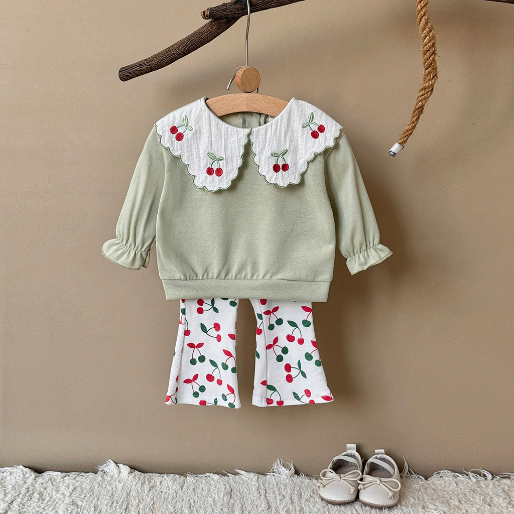 Fresh Cherry Baby 2Pcs Set Girls Big Collar Embroidery Clothing Set