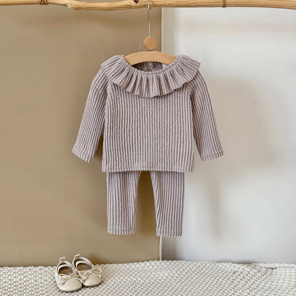 Infant Gentle Grey Ruffle Neck Ribbed Matching Outfit