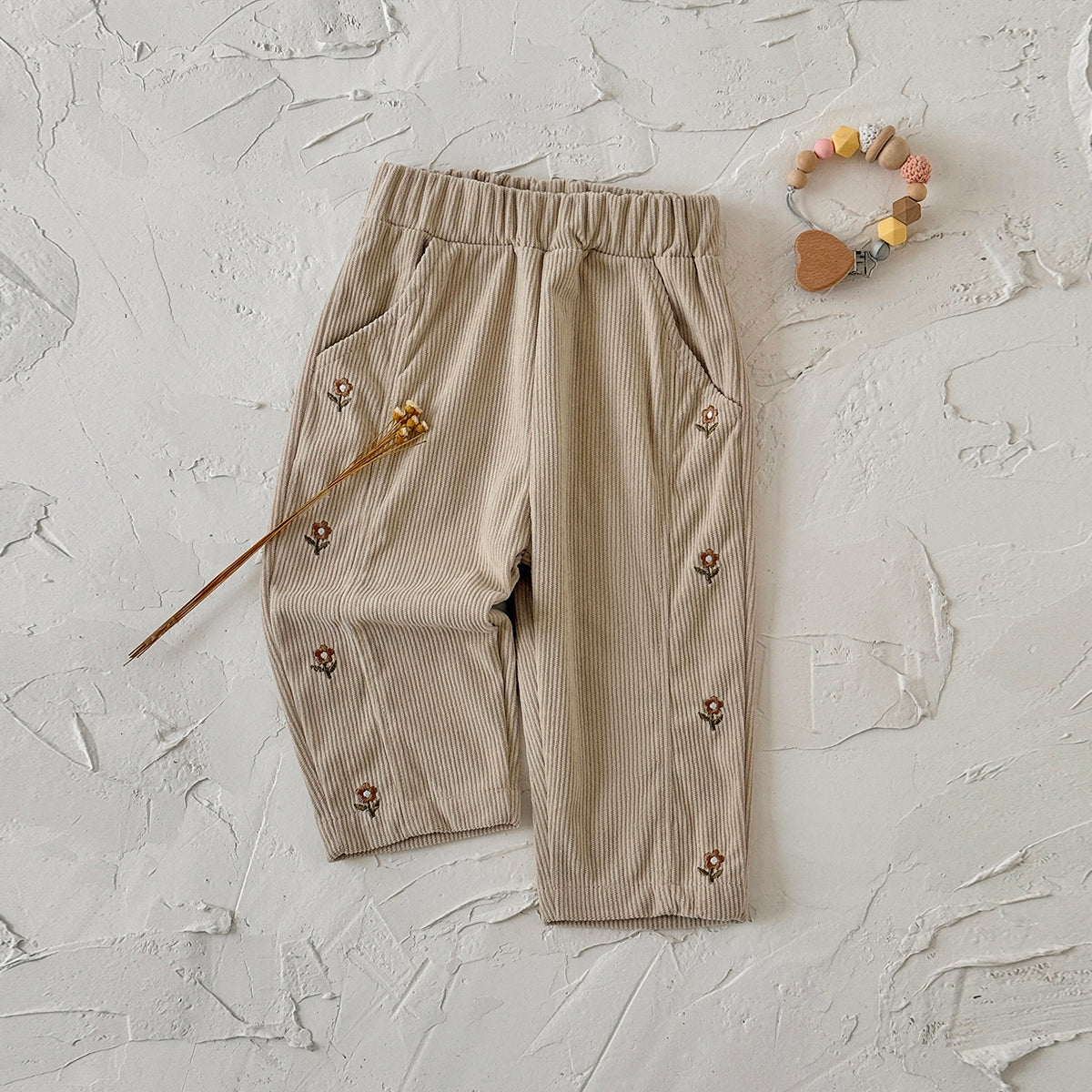 Boys and Girls Corduroy Flower Embroidered Pants