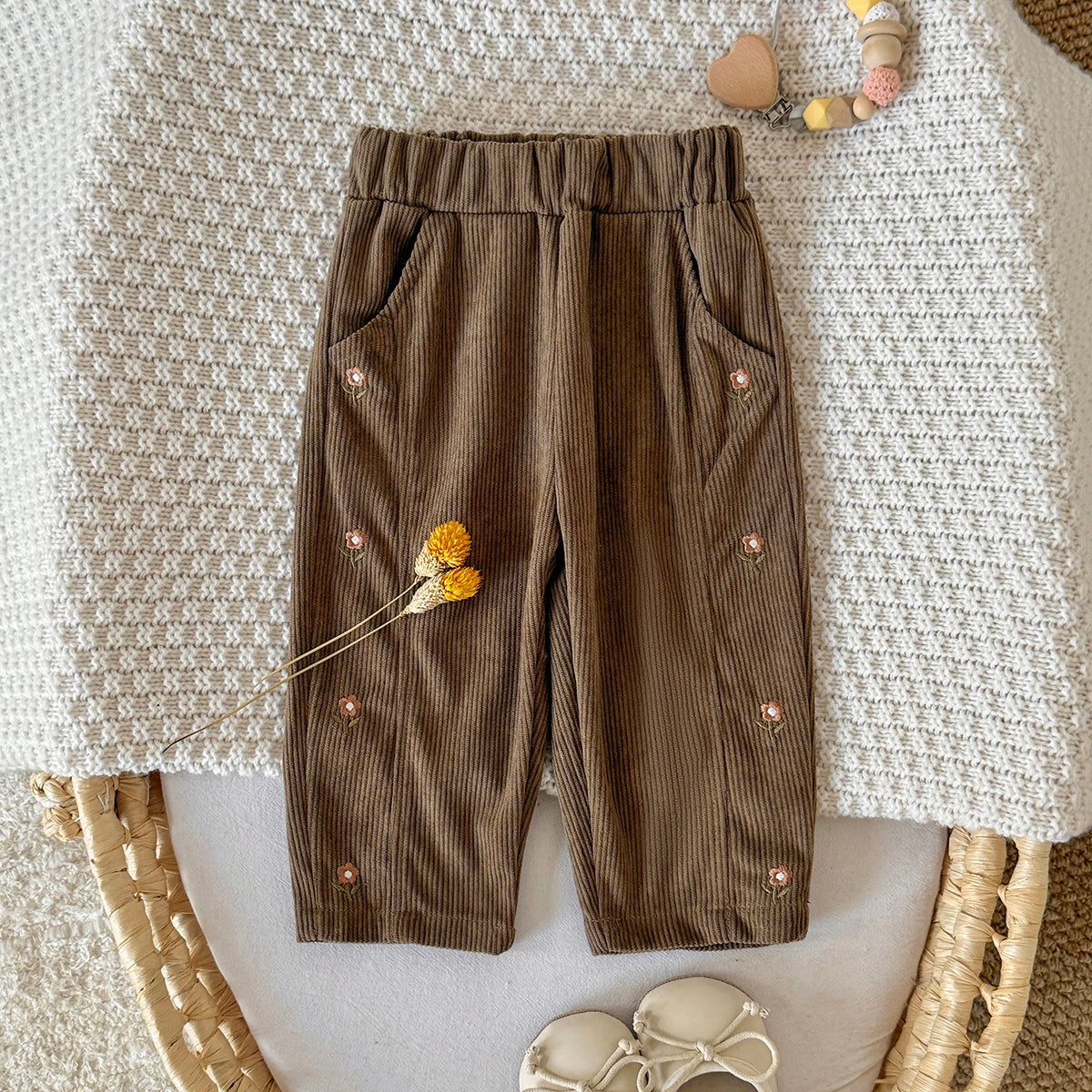 Boys and Girls Corduroy Flower Embroidered Pants
