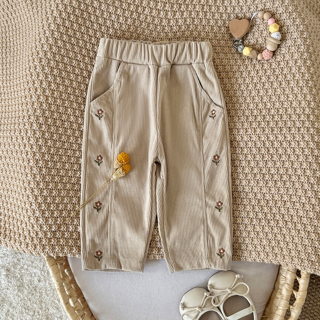 Boys and Girls Corduroy Flower Embroidered Pants