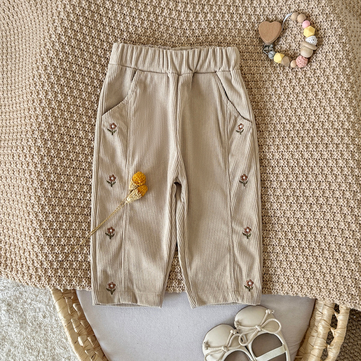 Boys and Girls Corduroy Flower Embroidered Pants