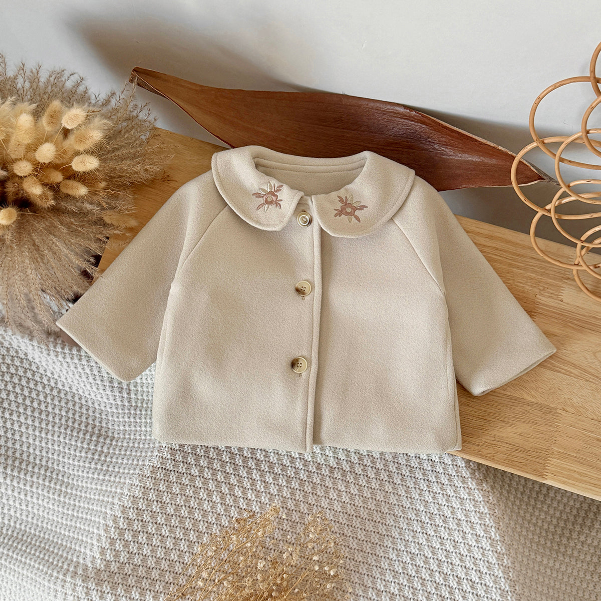 Korean Girls Embroidery Collar Wool Coat Baby Autumn Short Jacket