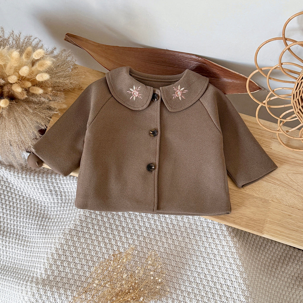 Korean Girls Embroidery Collar Wool Coat Baby Autumn Short Jacket