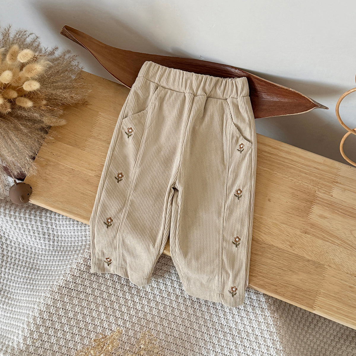 Boys and Girls Corduroy Flower Embroidered Pants