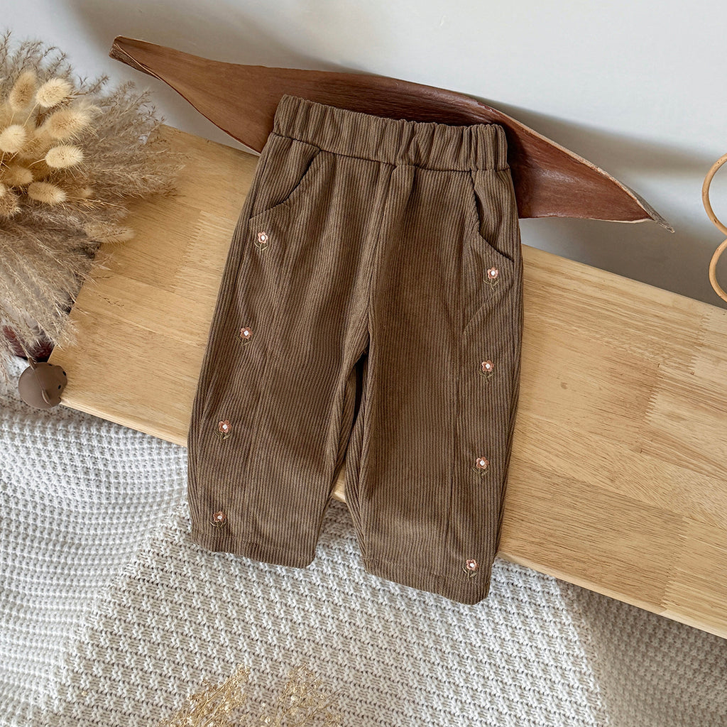 Boys and Girls Corduroy Flower Embroidered Pants