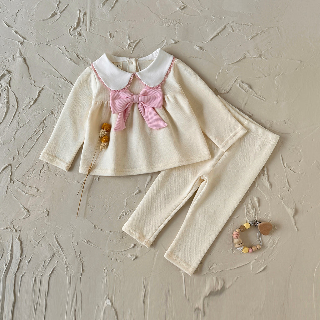 Gentle Cream Girls 2Pcs Big Pink Bow Collar Top Slim Fit Leggings