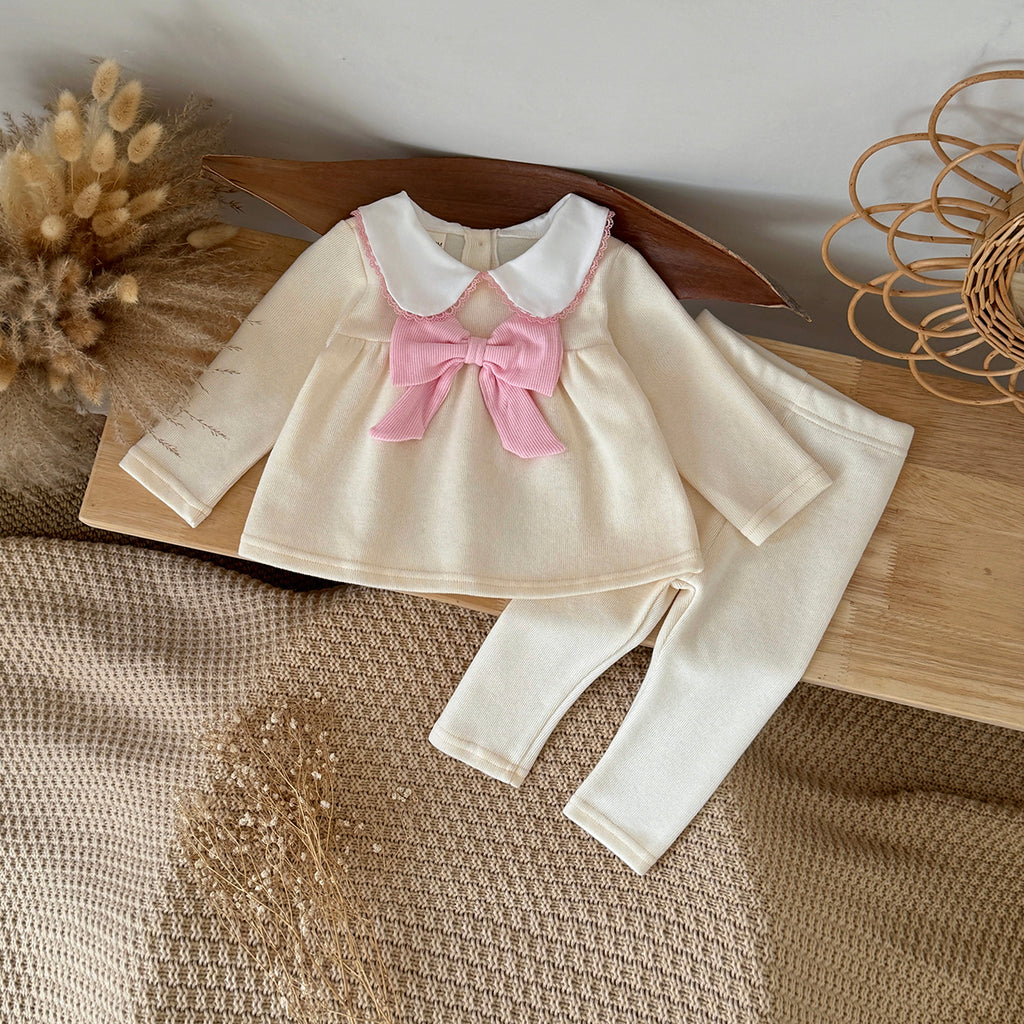 Gentle Cream Girls 2Pcs Big Pink Bow Collar Top Slim Fit Leggings