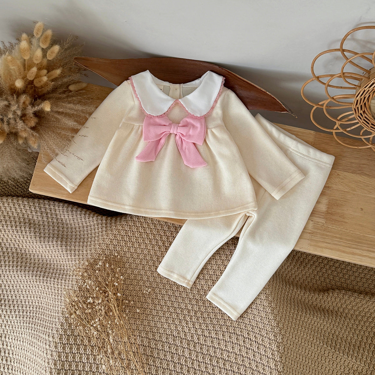 Gentle Cream Girls 2Pcs Big Pink Bow Collar Top Slim Fit Leggings