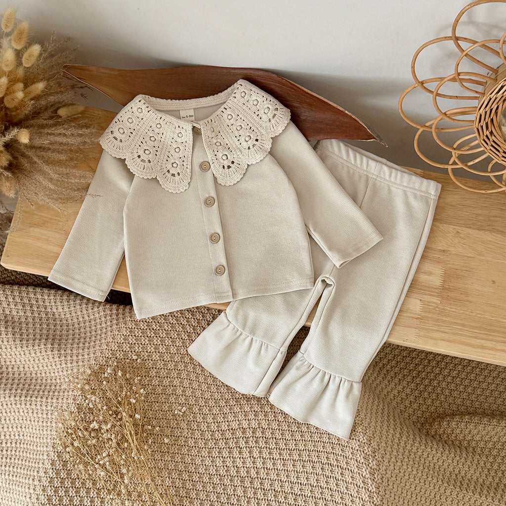 Gentle Beige Girls 2Pcs Set Exquisite Lace Collar Baby Flared Pants Outfit