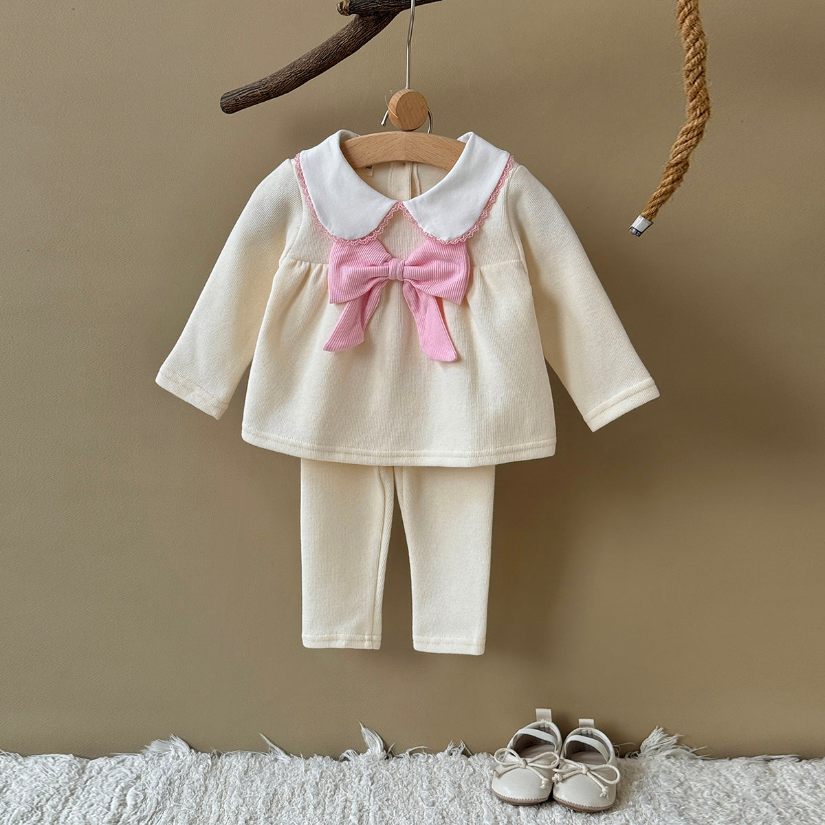 Gentle Cream Girls 2Pcs Big Pink Bow Collar Top Slim Fit Leggings
