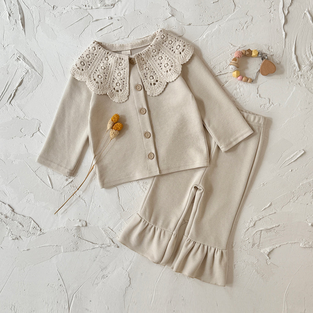 Gentle Beige Girls 2Pcs Set Exquisite Lace Collar Baby Flared Pants Outfit
