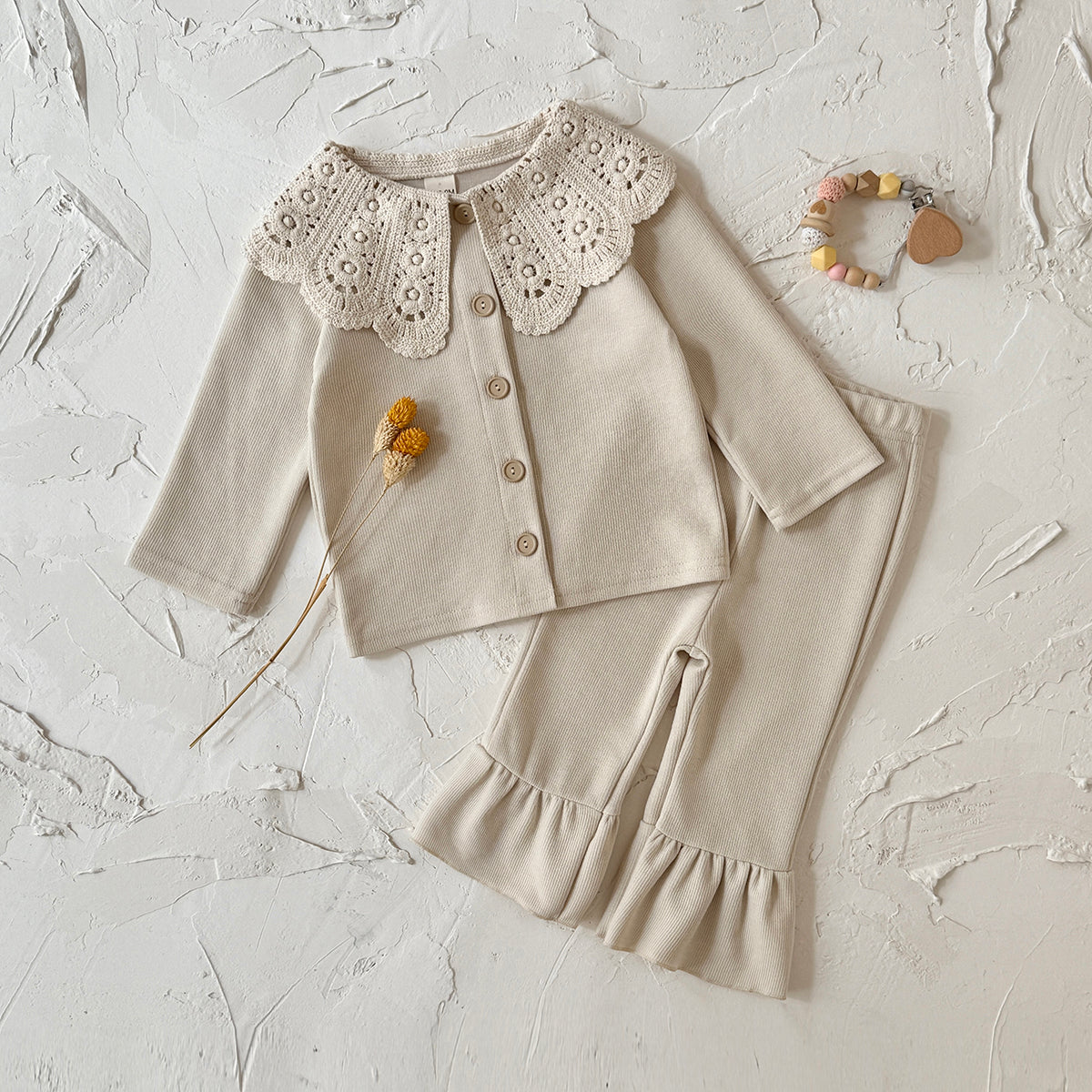 Gentle Beige Girls 2Pcs Set Exquisite Lace Collar Baby Flared Pants Outfit