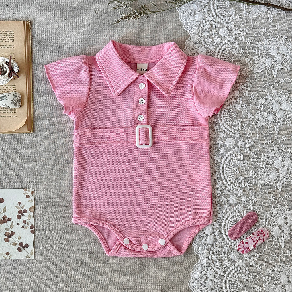 Baby Girl Pink Polo Bodysuit Flutter Sleeve Belt Romper