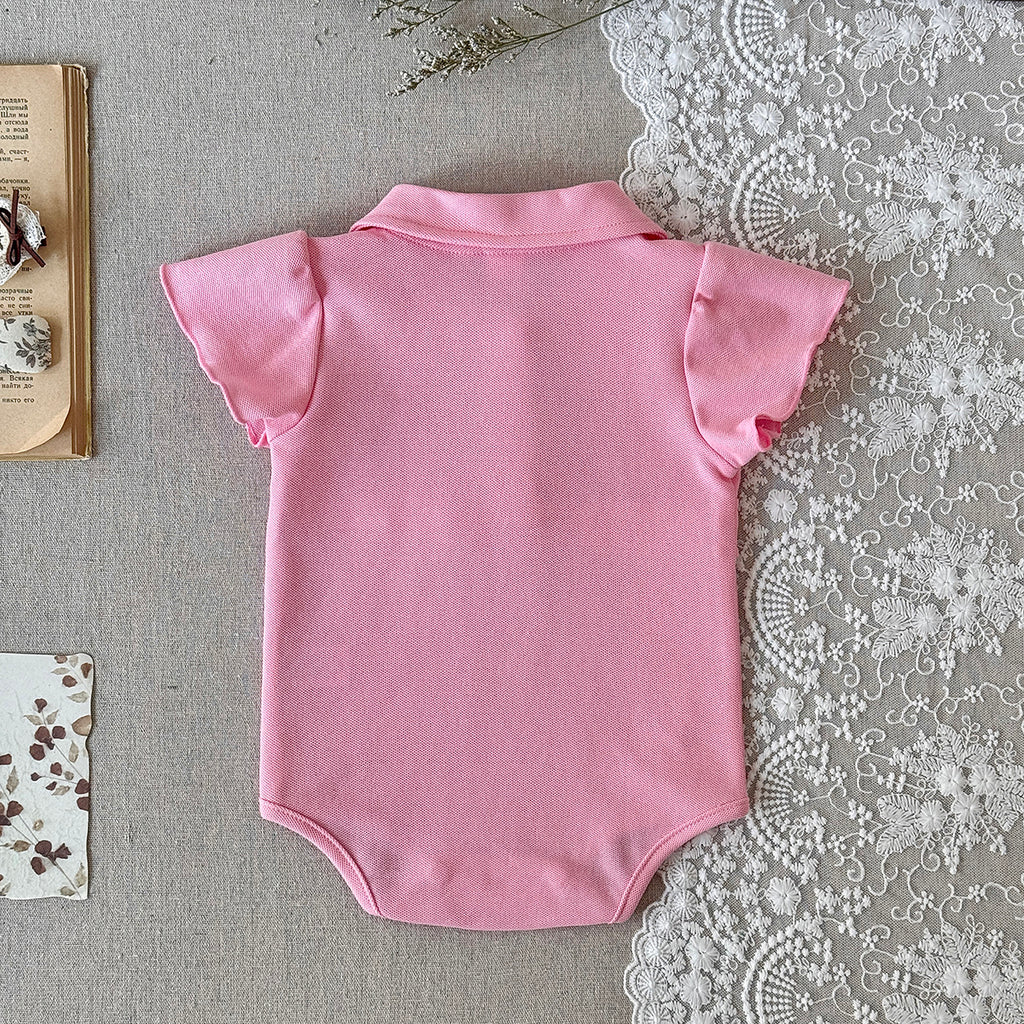 Baby Girl Pink Polo Bodysuit Flutter Sleeve Belt Romper