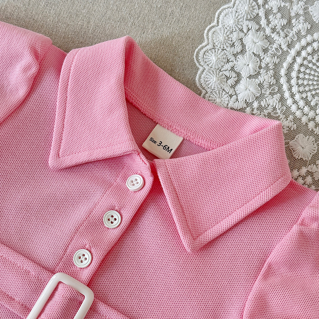 Baby Girl Pink Polo Bodysuit Flutter Sleeve Belt Romper