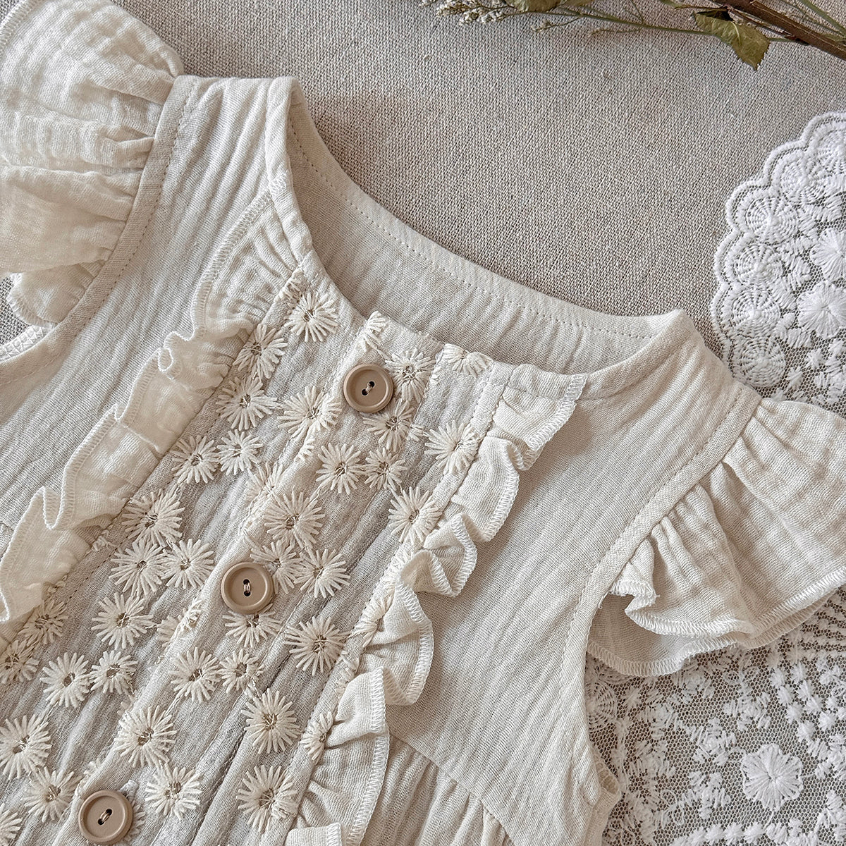Baby Sleeveless Romper Ruffle Flutter Sleeve Floral Embroidery Outfit
